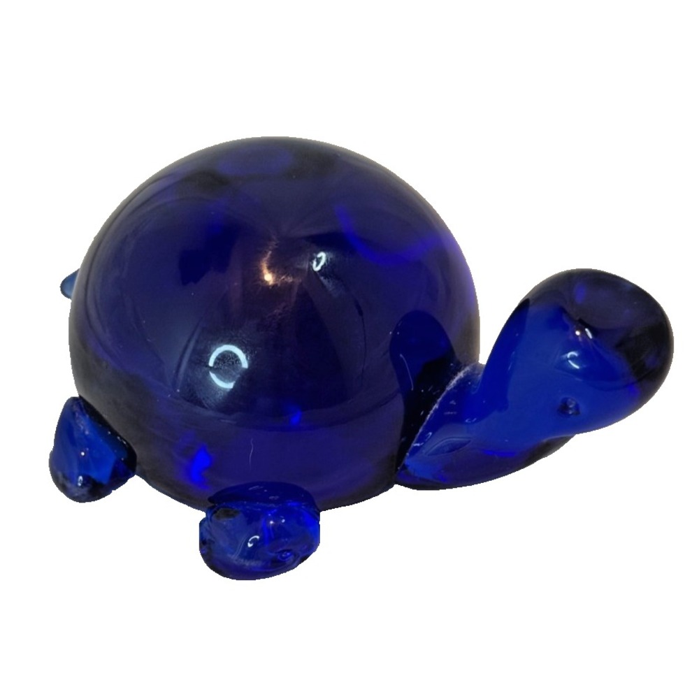 Vintage Cobalt Blue Art Glass Turtle Paperweight Figurine 3.75" MCM